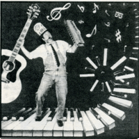Ray Owen in overalls holding a giant guitar and harmonica posing in a magical swirl of music notes and piano keys